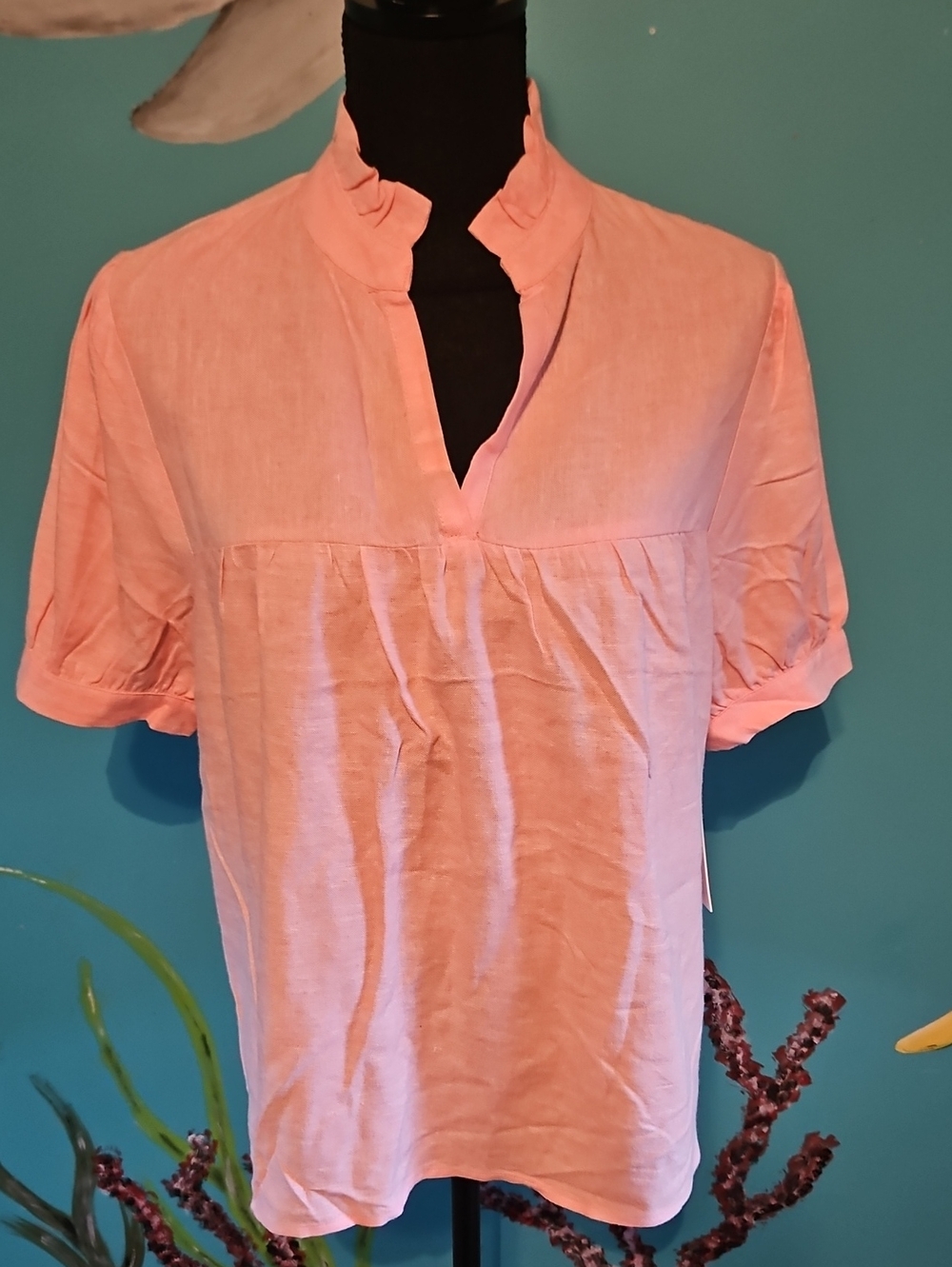 Light Pink Ruffle-Trim Short Sleeve Blouse